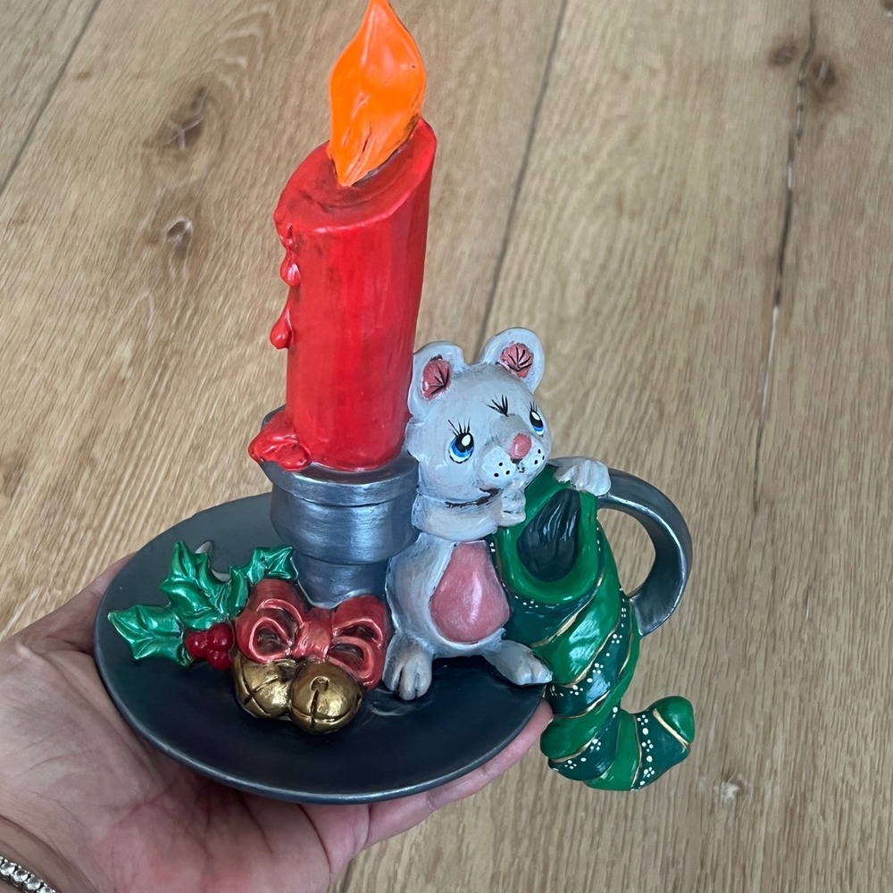 Vintage Hand Painted Ceramic Christmas Mouse Candle Holder Stocking Figurine